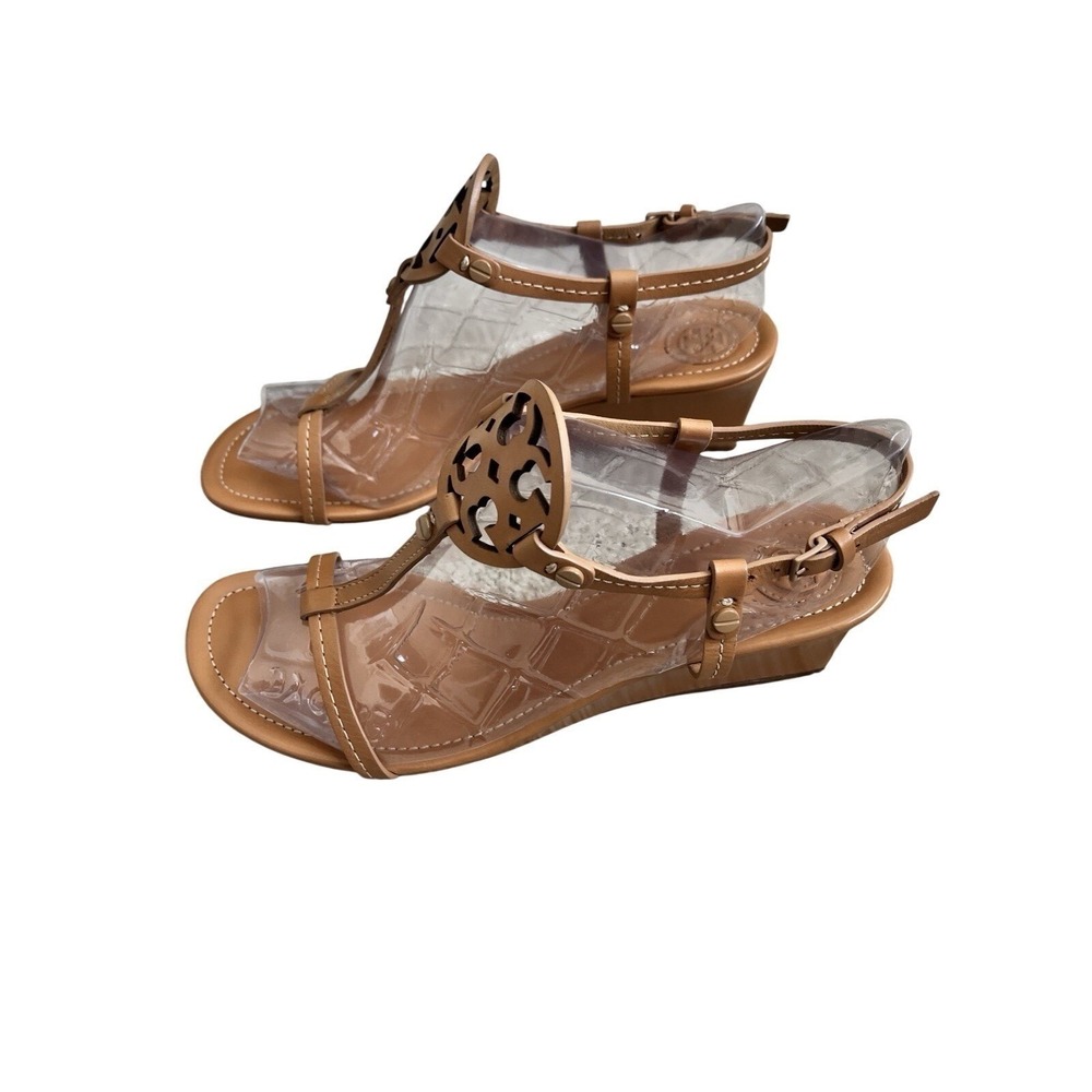 Tory Burch Women's Leather Sandal Size 9 Miller Wedge Dusty Cyprus Brown Tan - Picture 2 of 10